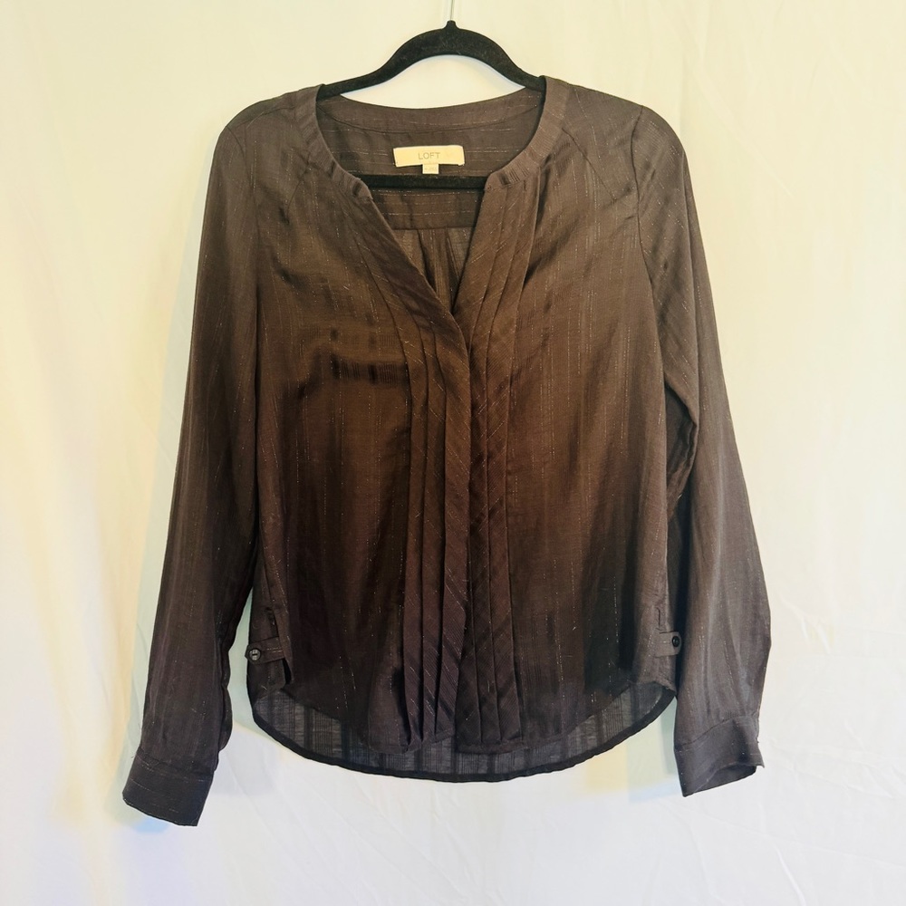 LOFT Long Sleeve Sheer Top Black Metallic Pinstripe Sz M Button Down Tunic